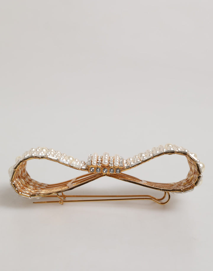 Dolce & Gabbana Gold Tone Brass Bow Crystal FauxPearl Embellished Brooch