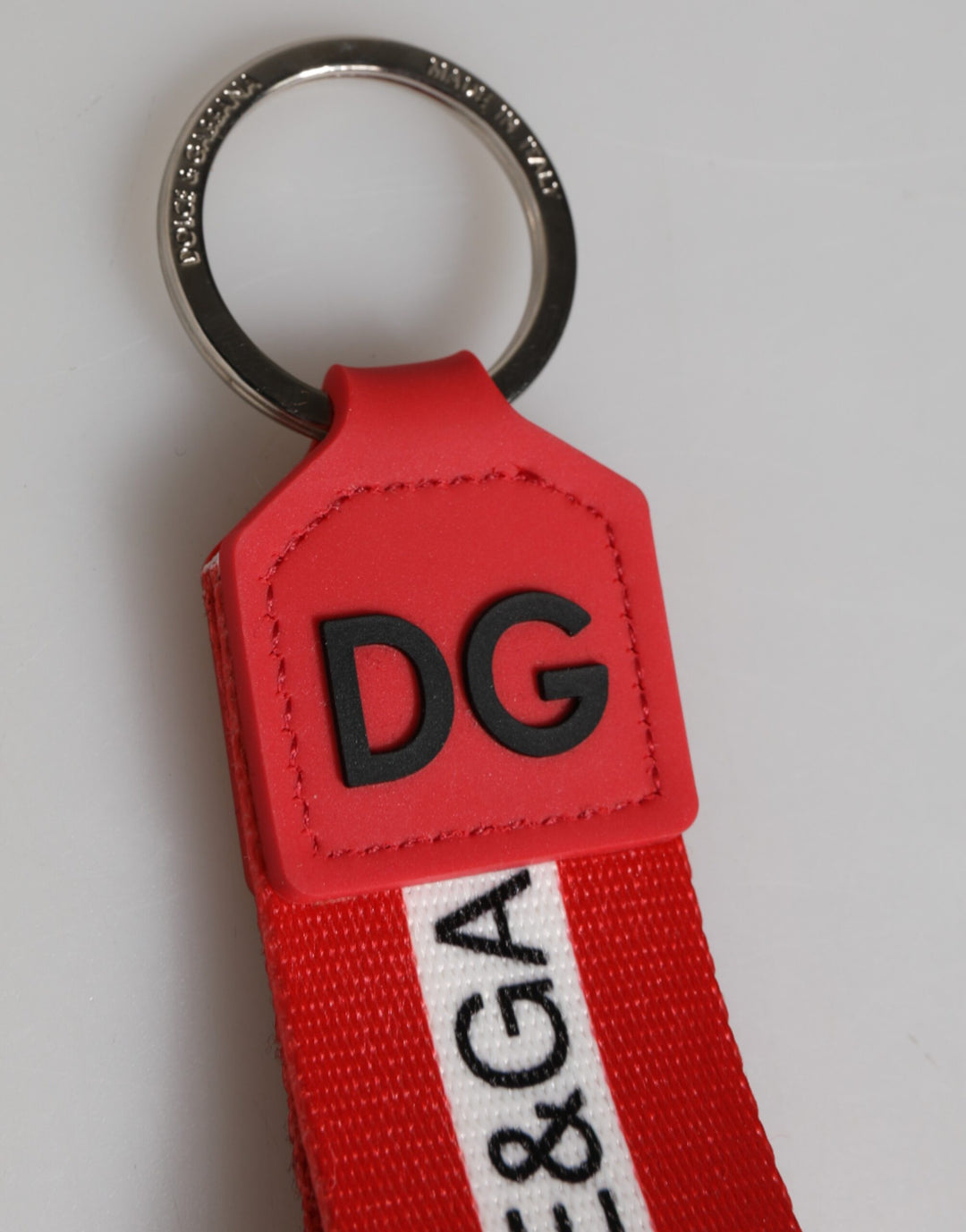 Dolce & Gabbana Red Logo Polyester Silver Brass Holder Keychain Men Keyring