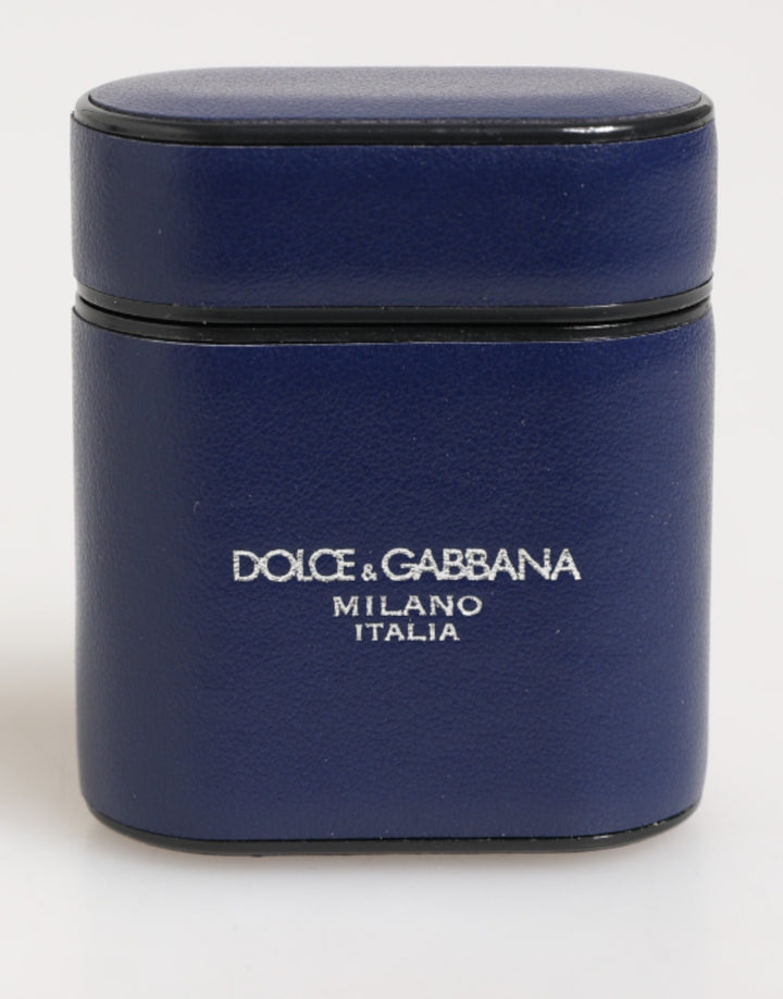 Dolce & Gabbana Blue Leather Logo Print Flip Holder Men Airpods Case