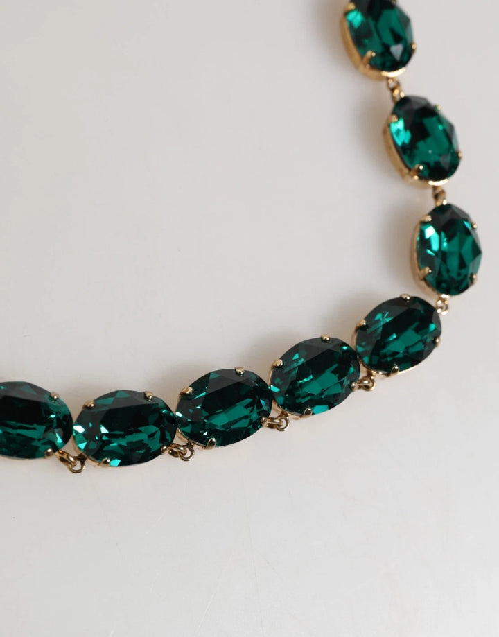 Dolce & Gabbana Red Rose Green Crystal Gold-Tone Chain Necklace