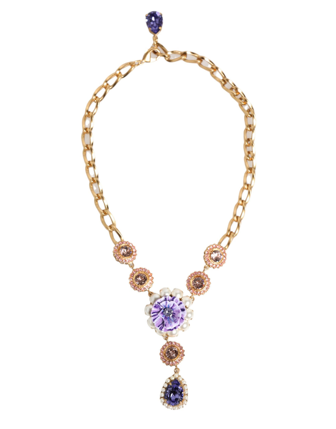 Dolce & Gabbana Gold Brass Crystal Pearl Purple Floral Pendant Jewelry Necklace