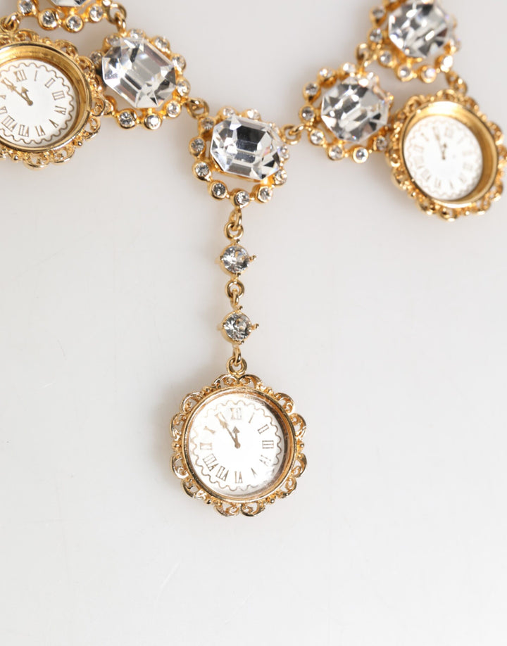 Dolce & Gabbana Gold Crystal Clock Face Pendant Statement Jewelry Necklace