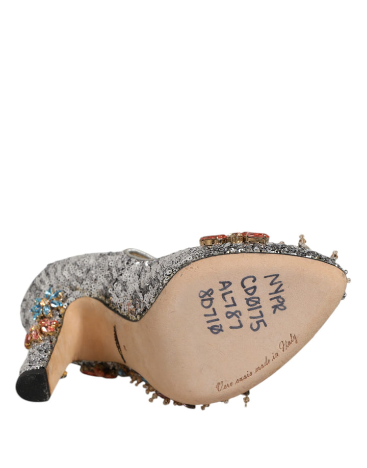Dolce & Gabbana Silver Sequin Crystal Mary Janes Pumps Shoes