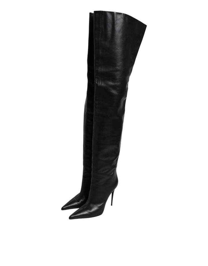 Dolce & Gabbana Black Leather Stiletto Knee High Boots Shoes