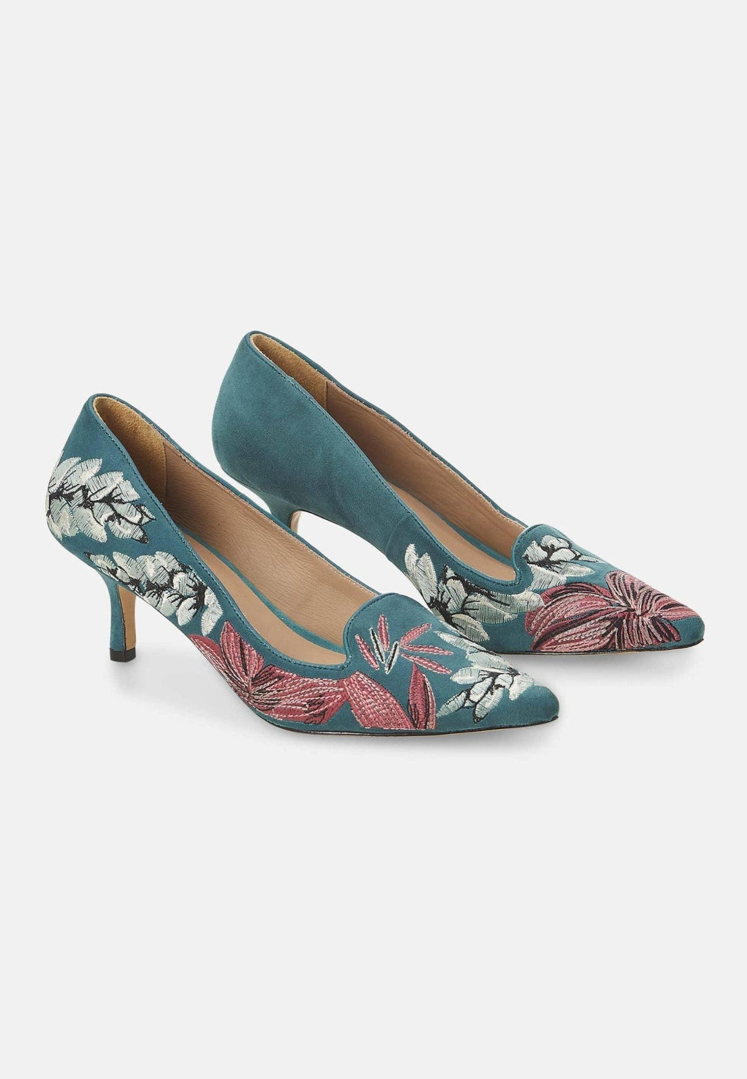 Mangará Atelier Turquoise Suede Embroidered Pumps – Kitten Heel Style