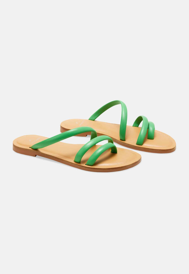 Mangará Atelier Green Calf Leather Flat Sandals – Women’S Minimalist Three-Strap Slides