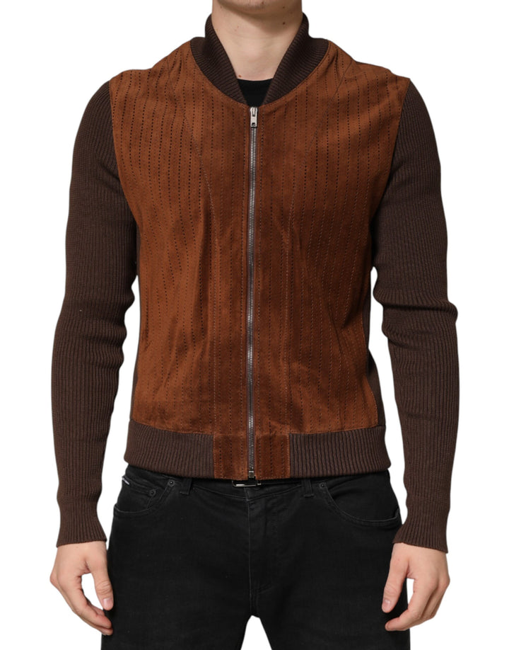 Dolce & Gabbana Brown Velvet Calfskin Full Zip Biker Jacket