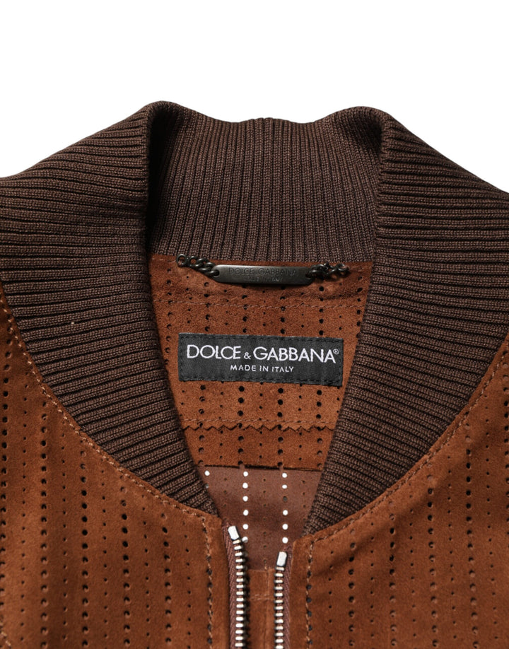 Dolce & Gabbana Brown Velvet Calfskin Full Zip Biker Jacket